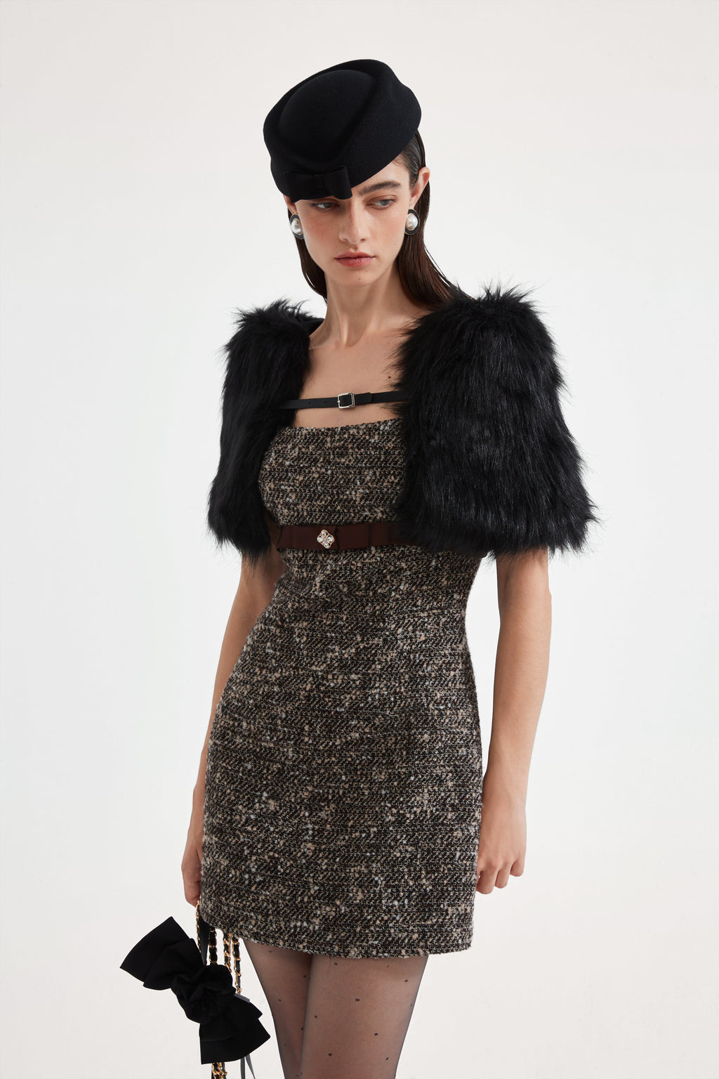 Brown Square-Necked Bow Tweed Dress