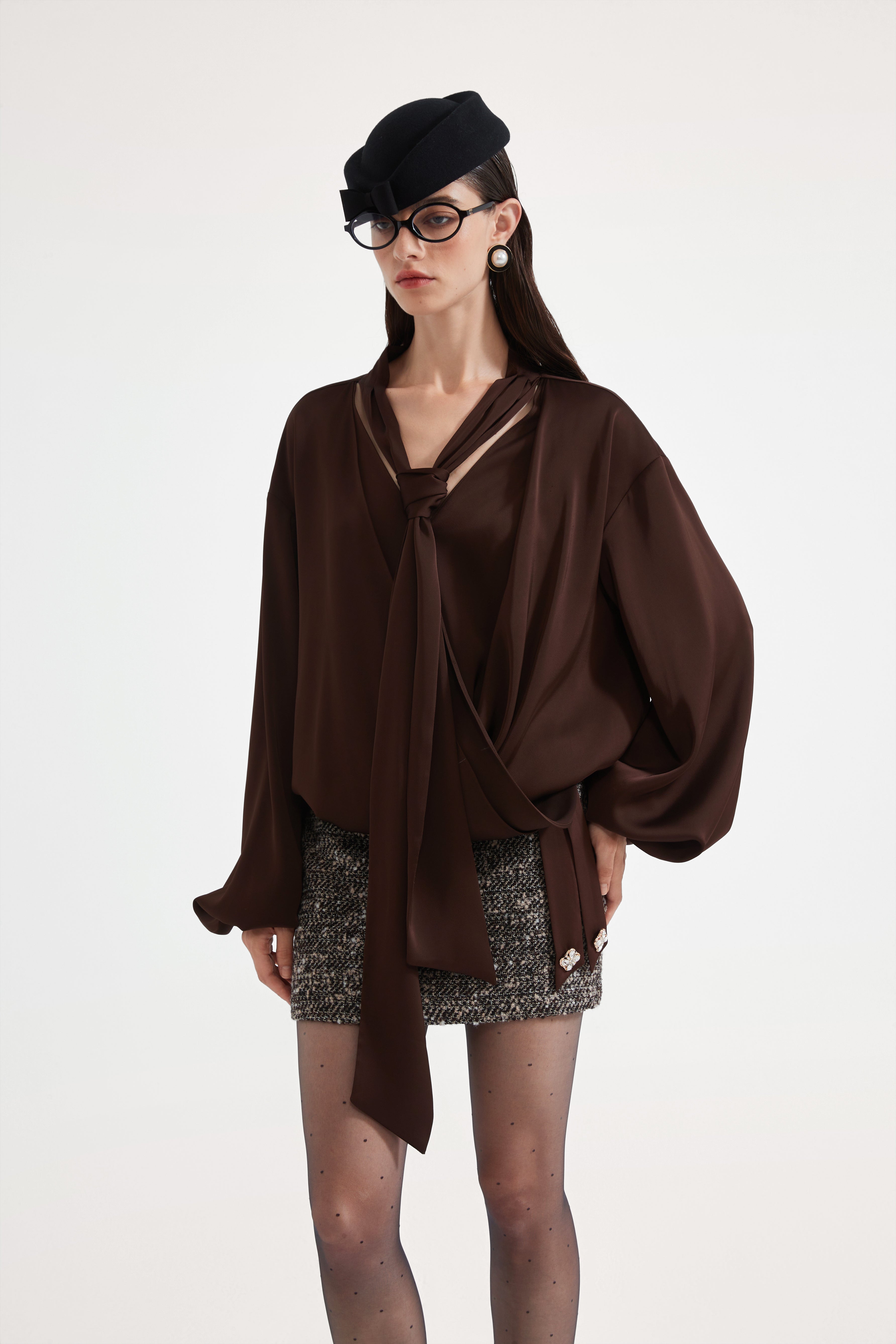 Brown Satin Ribbon Shirt