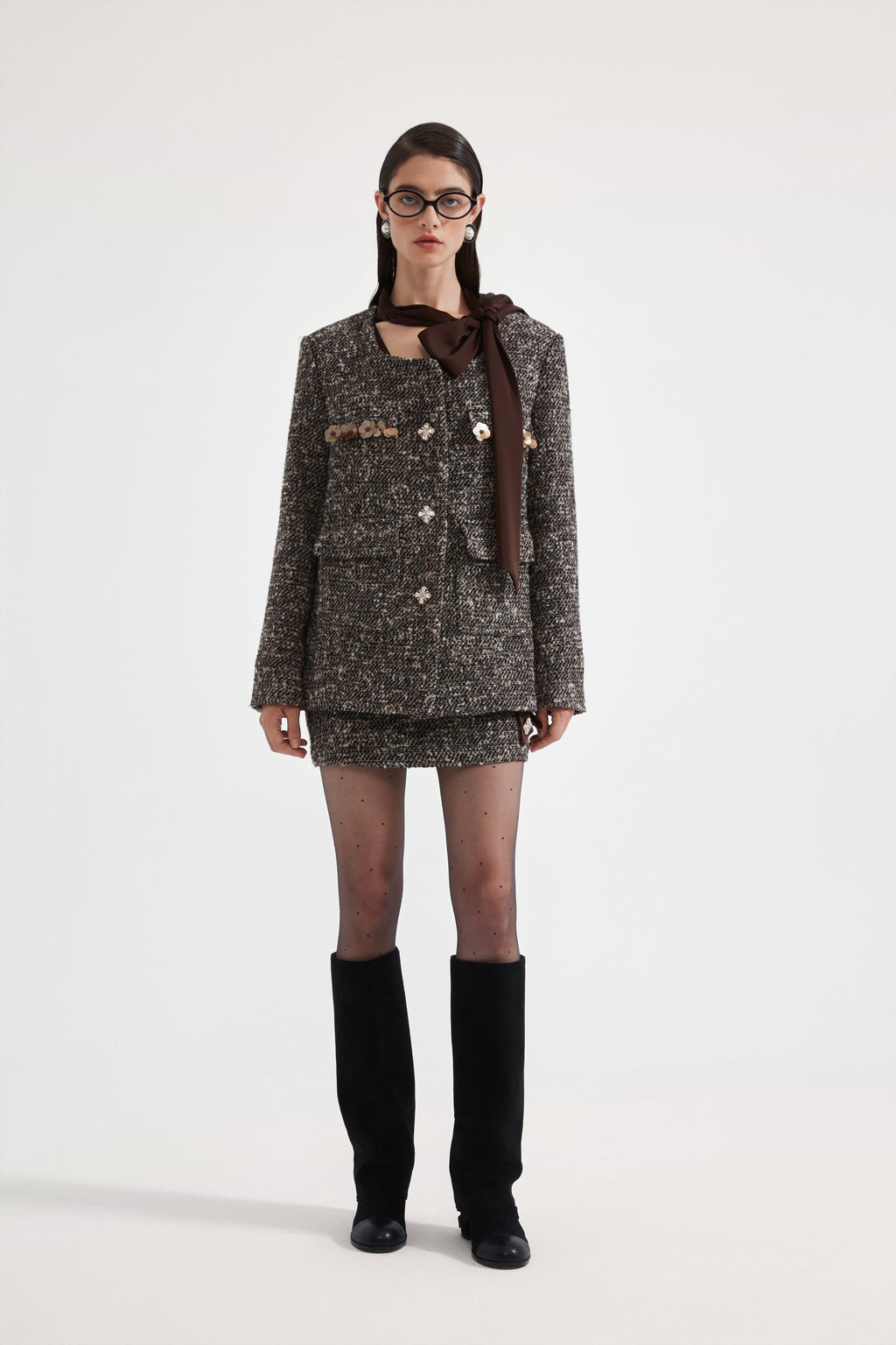 Brown Detachable Square-Necked Tweed Coat