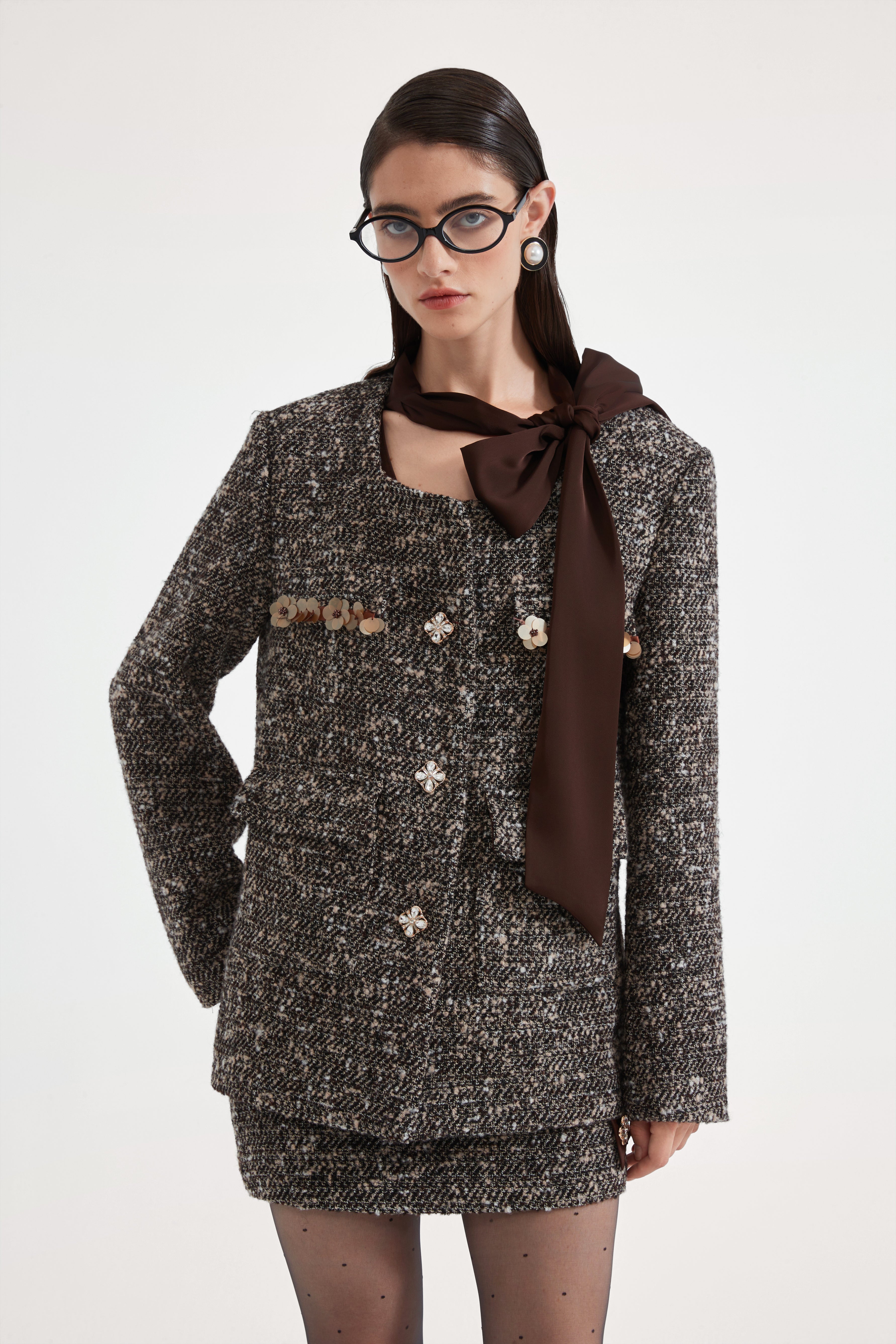 Brown Detachable Square-Necked Tweed Coat
