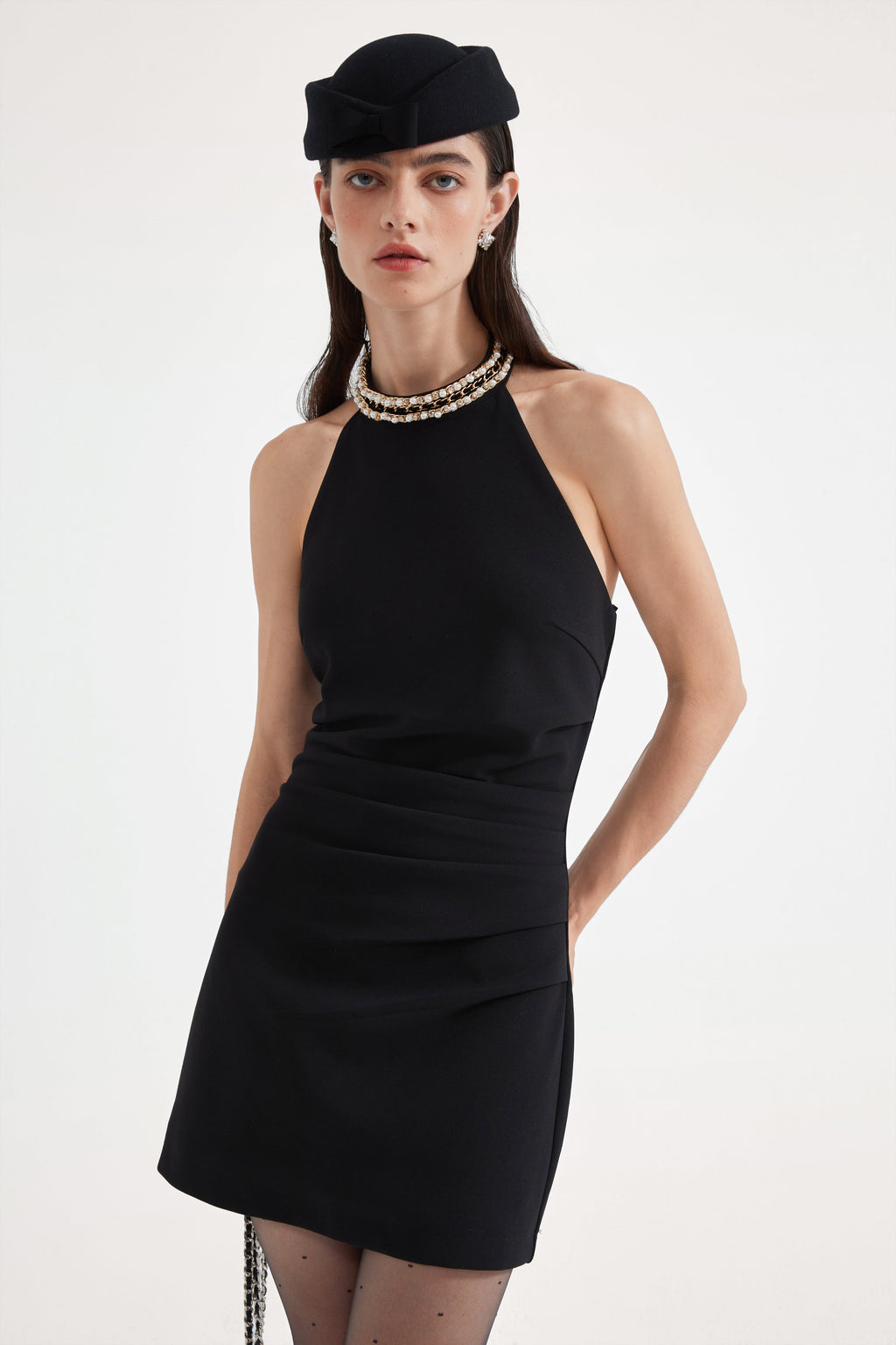 Black Halter Beaded Ruched Dress