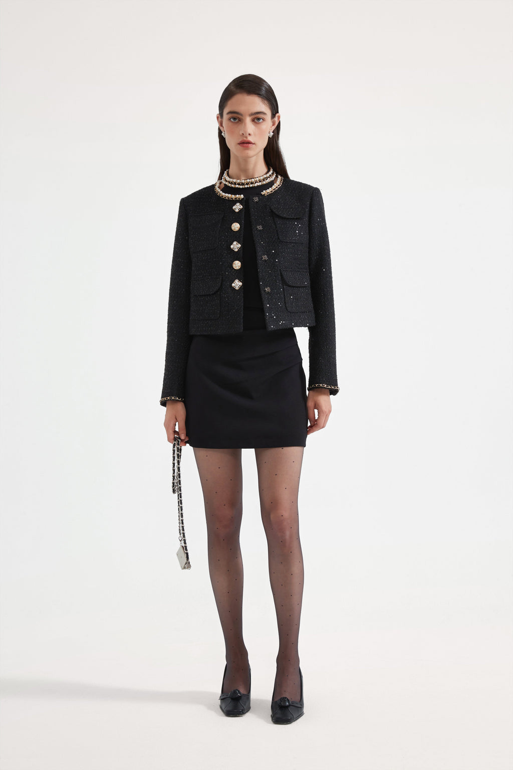 Black Round-Necked Small Fragrance Coat With Pockets