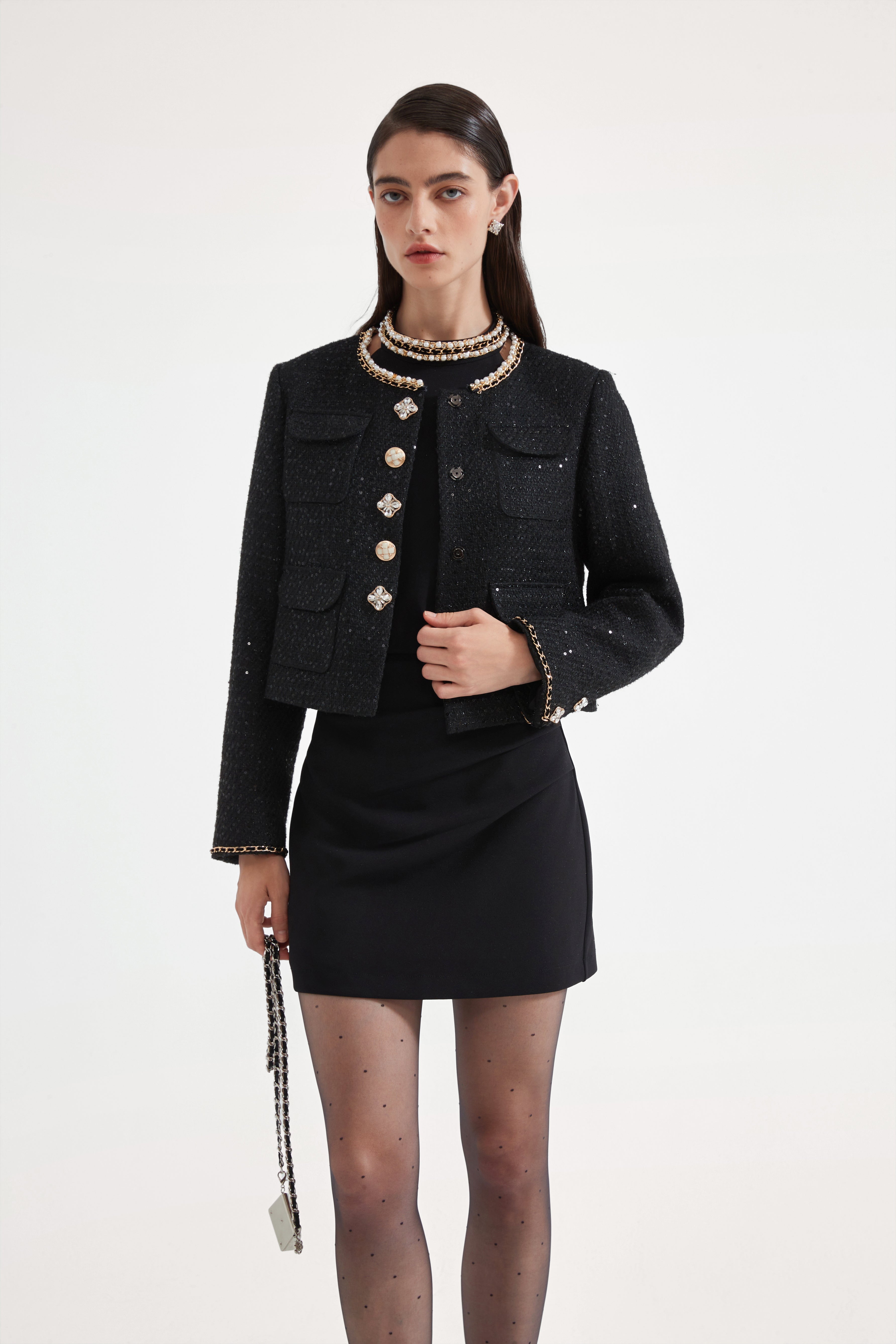 Black Round-Necked Small Fragrance Coat With Pockets