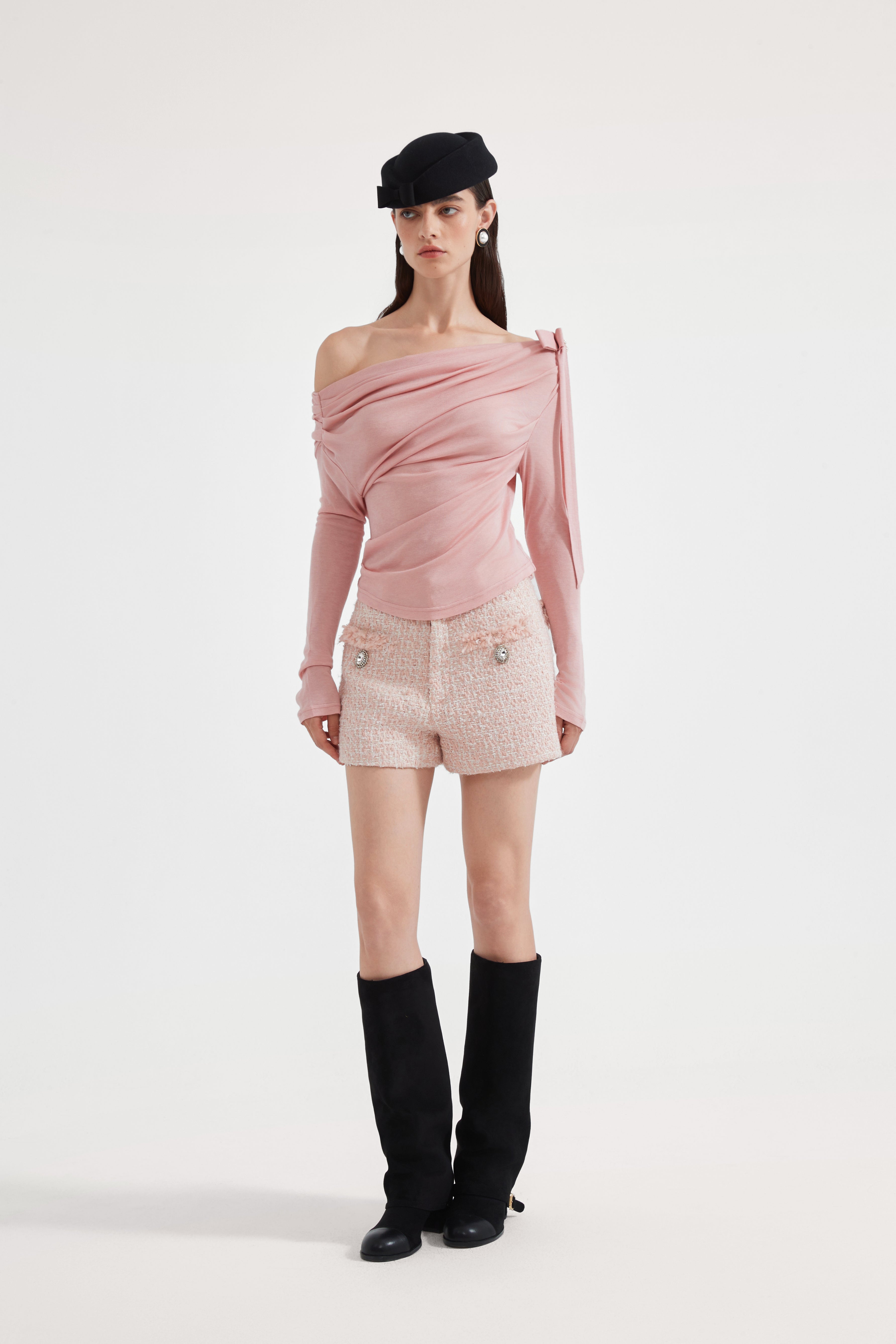 Pink Off-The-Shoulder Pleated Bow Ribbon Blouse