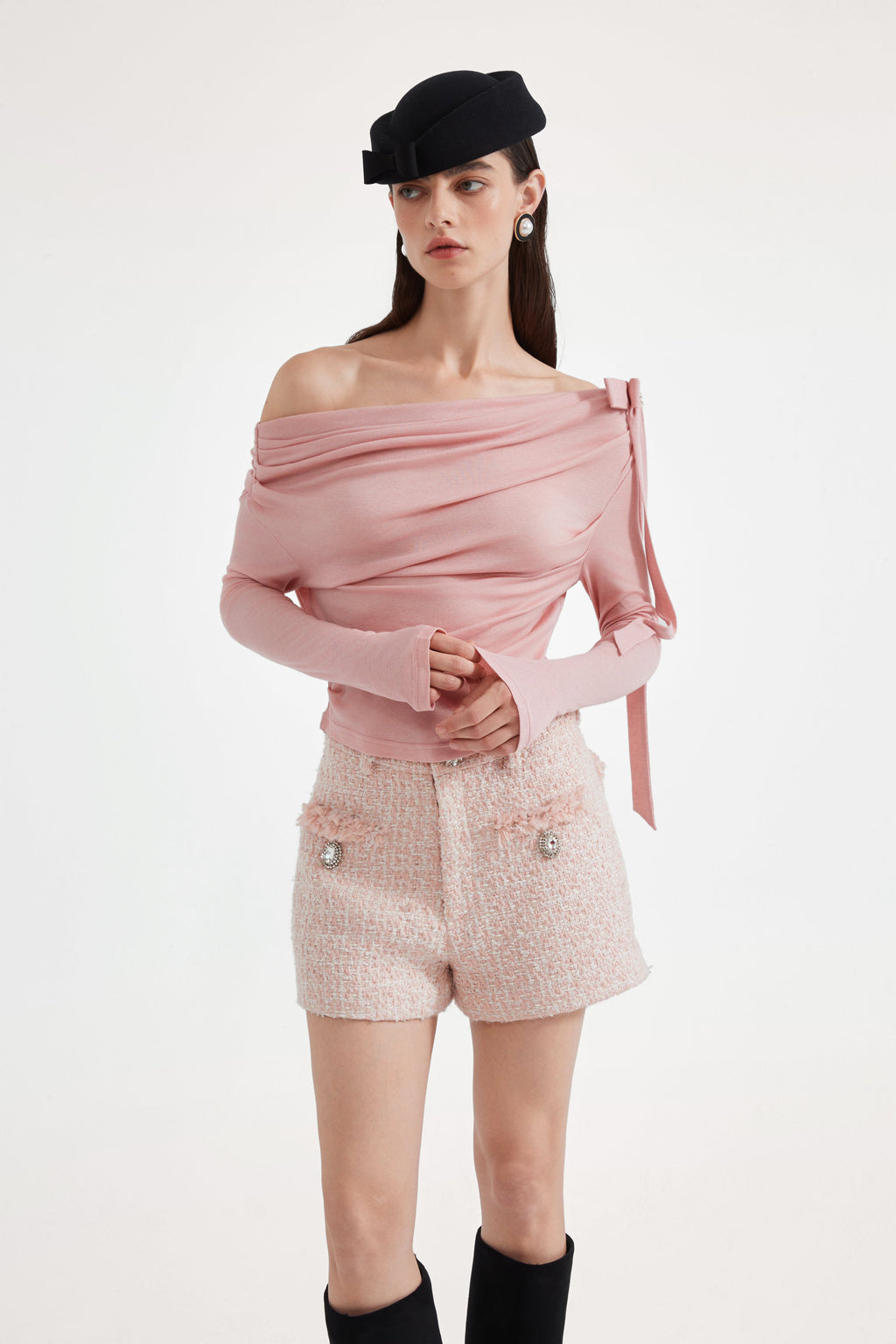 Pink Off-The-Shoulder Pleated Bow Ribbon Blouse