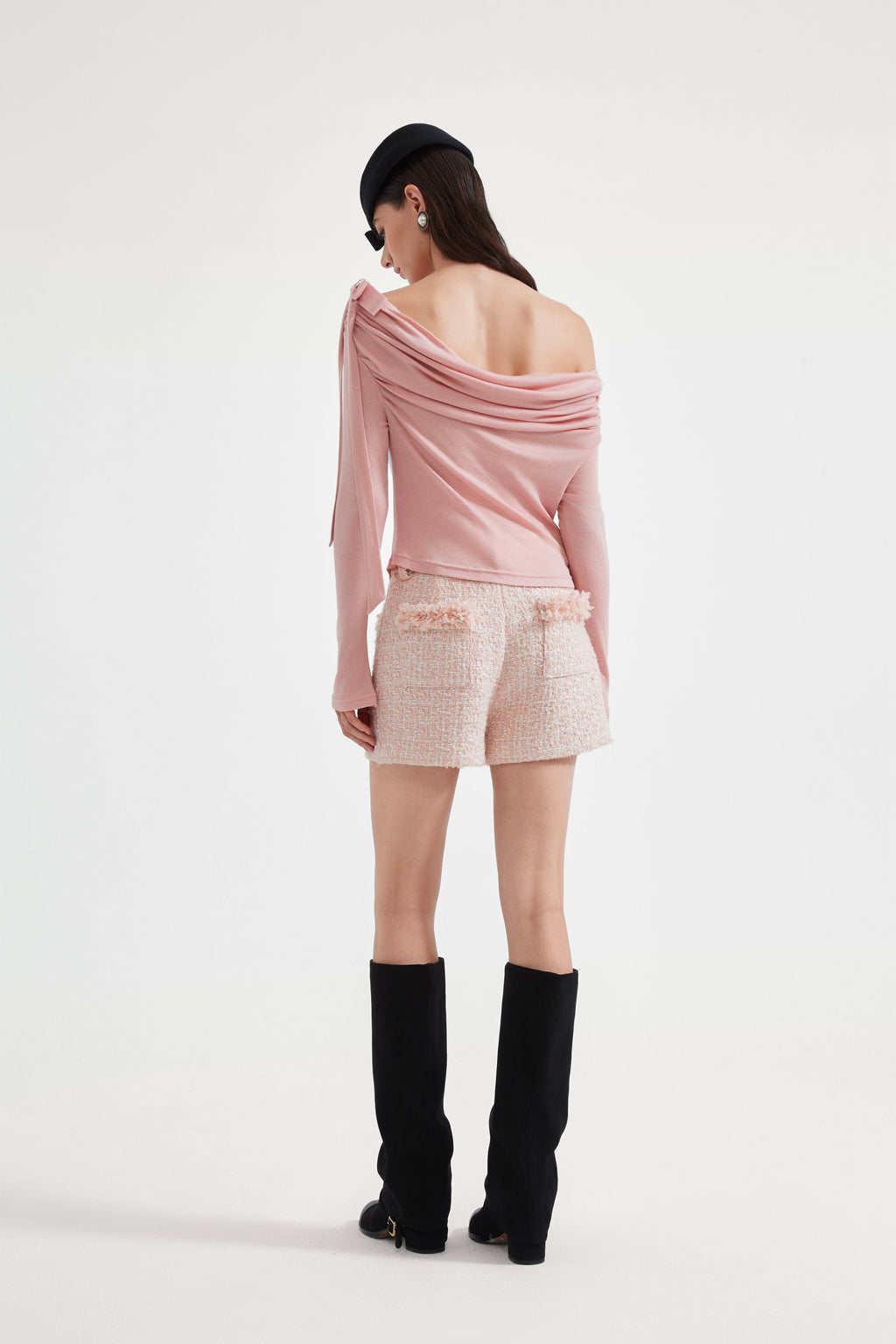 Pink Off-The-Shoulder Pleated Bow Ribbon Blouse