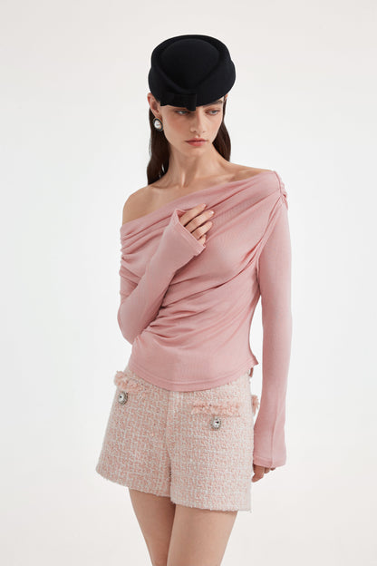 Pink Off-The-Shoulder Pleated Bow Ribbon Blouse