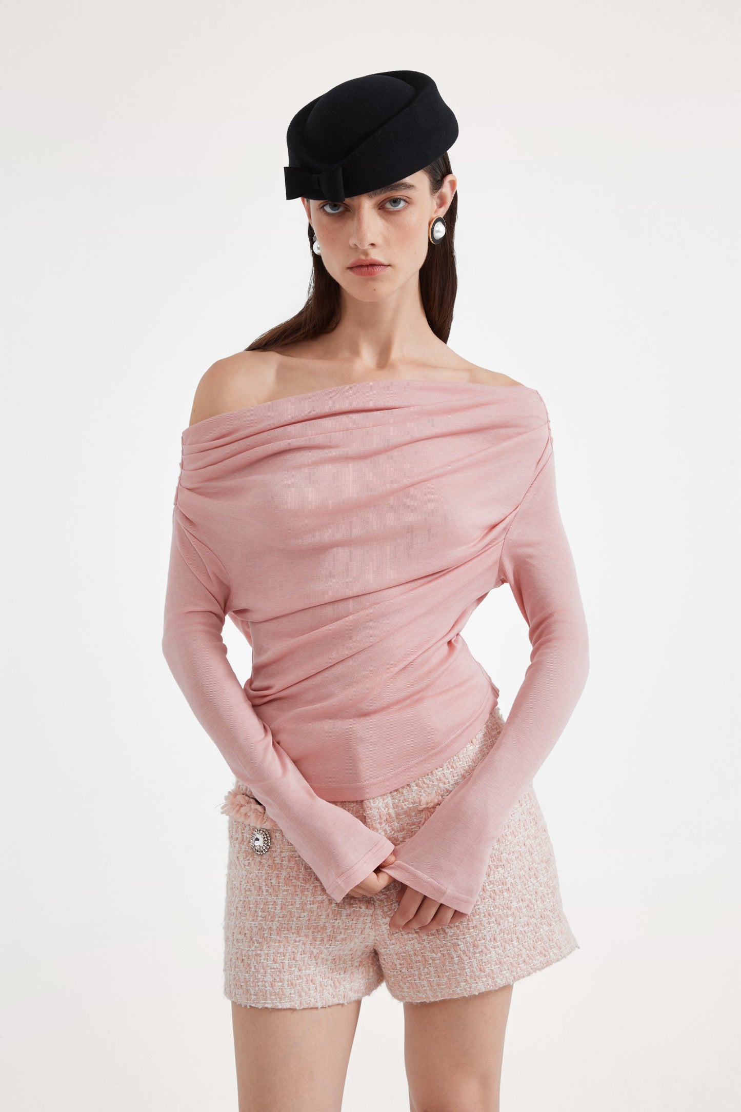 Pink Off-The-Shoulder Pleated Bow Ribbon Blouse