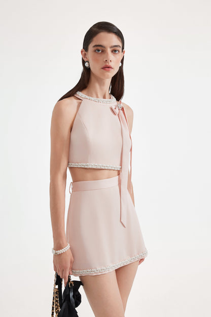 Pink Beaded Halter Cropped Top