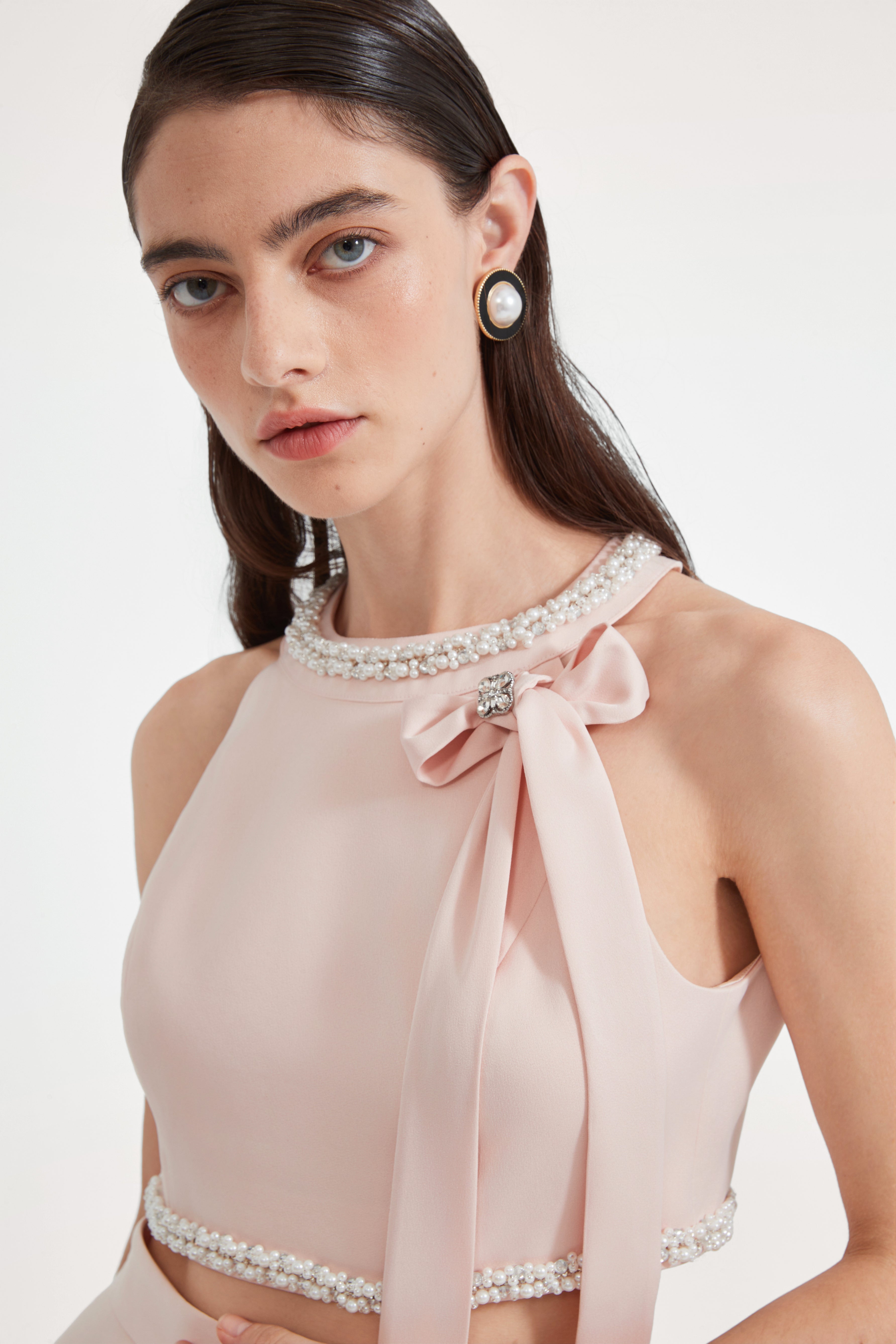 Pink Beaded Halter Cropped Top