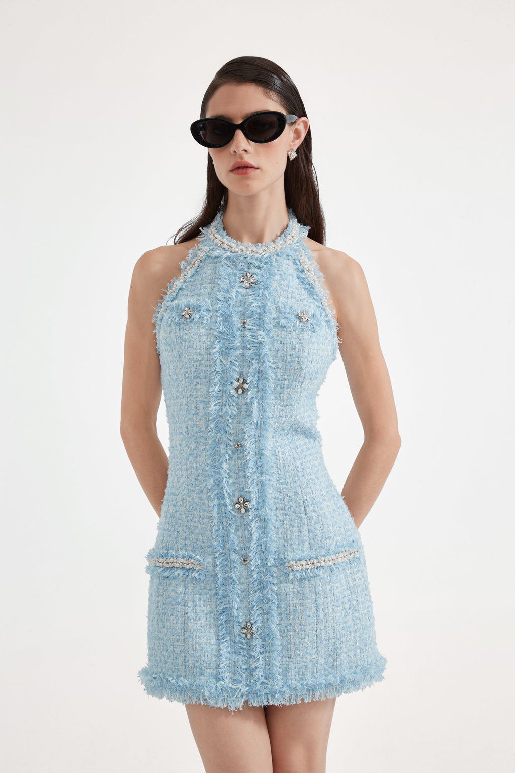 Blue Halter Beaded Tweed Dress