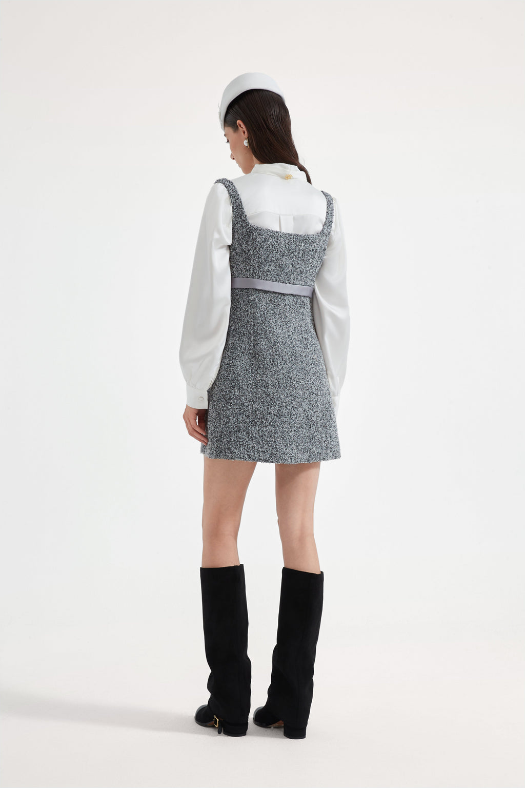 Gray Square-Necked Bow Woolen Dress