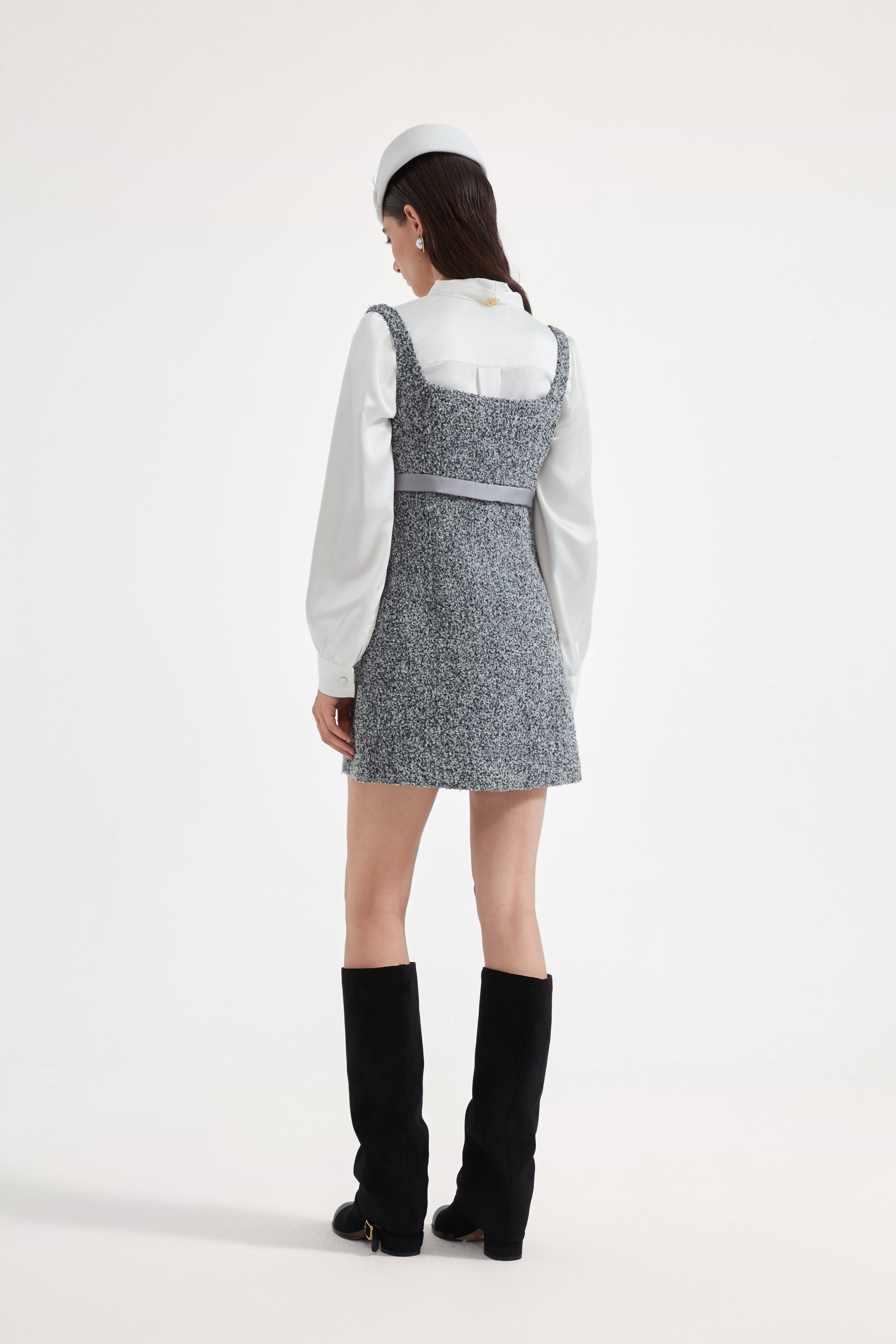 Gray Square-Necked Bow Woolen Dress