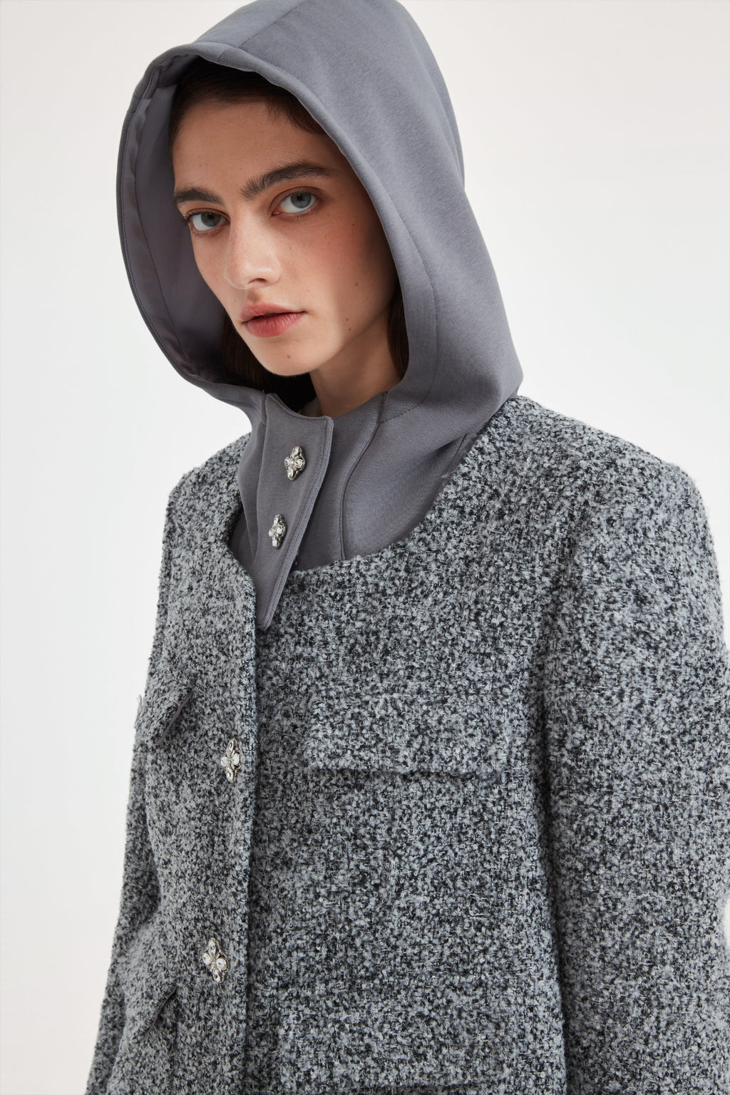 Gray Detachable Square-Necked Tweed Coat