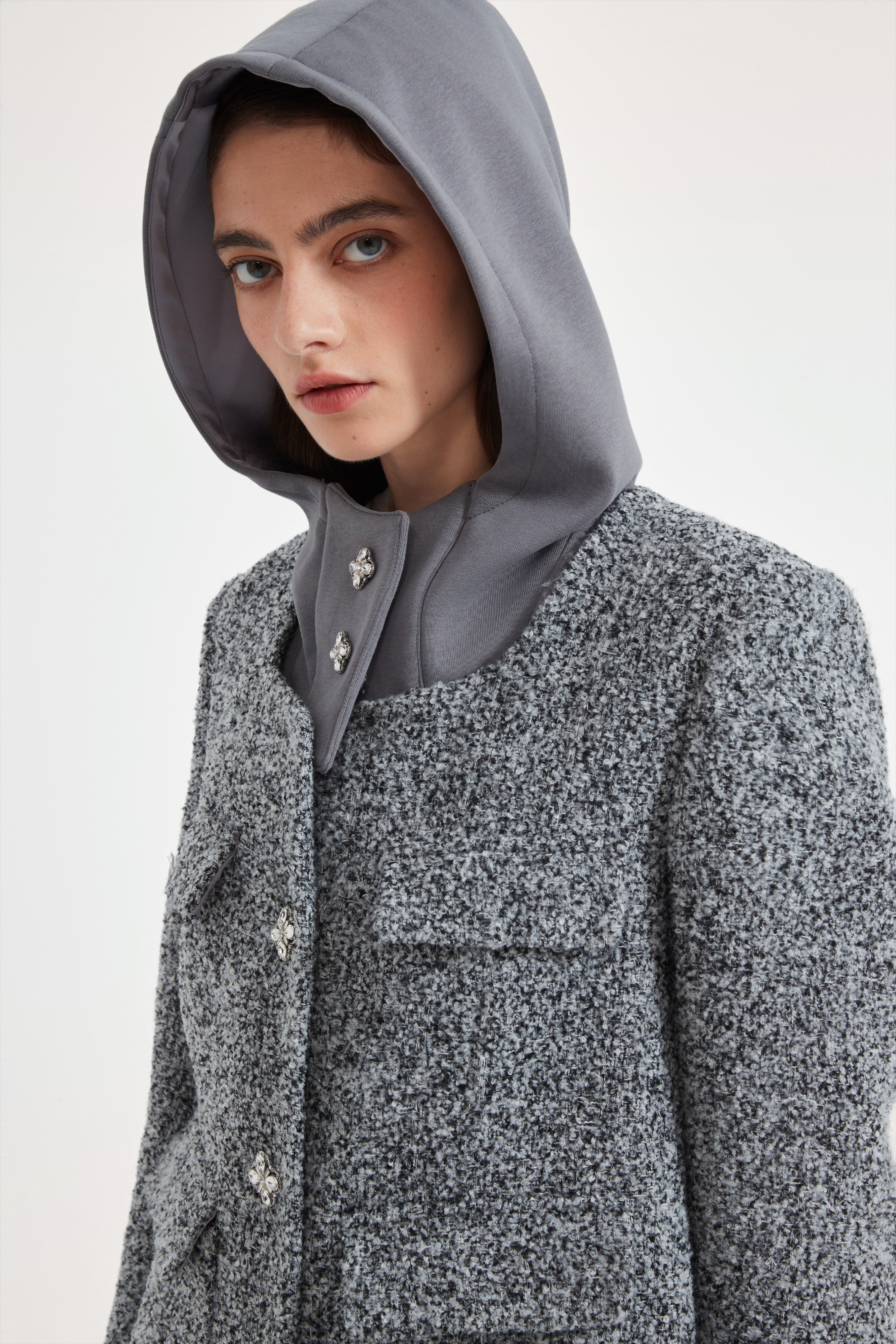 Gray Detachable Square-Necked Tweed Coat