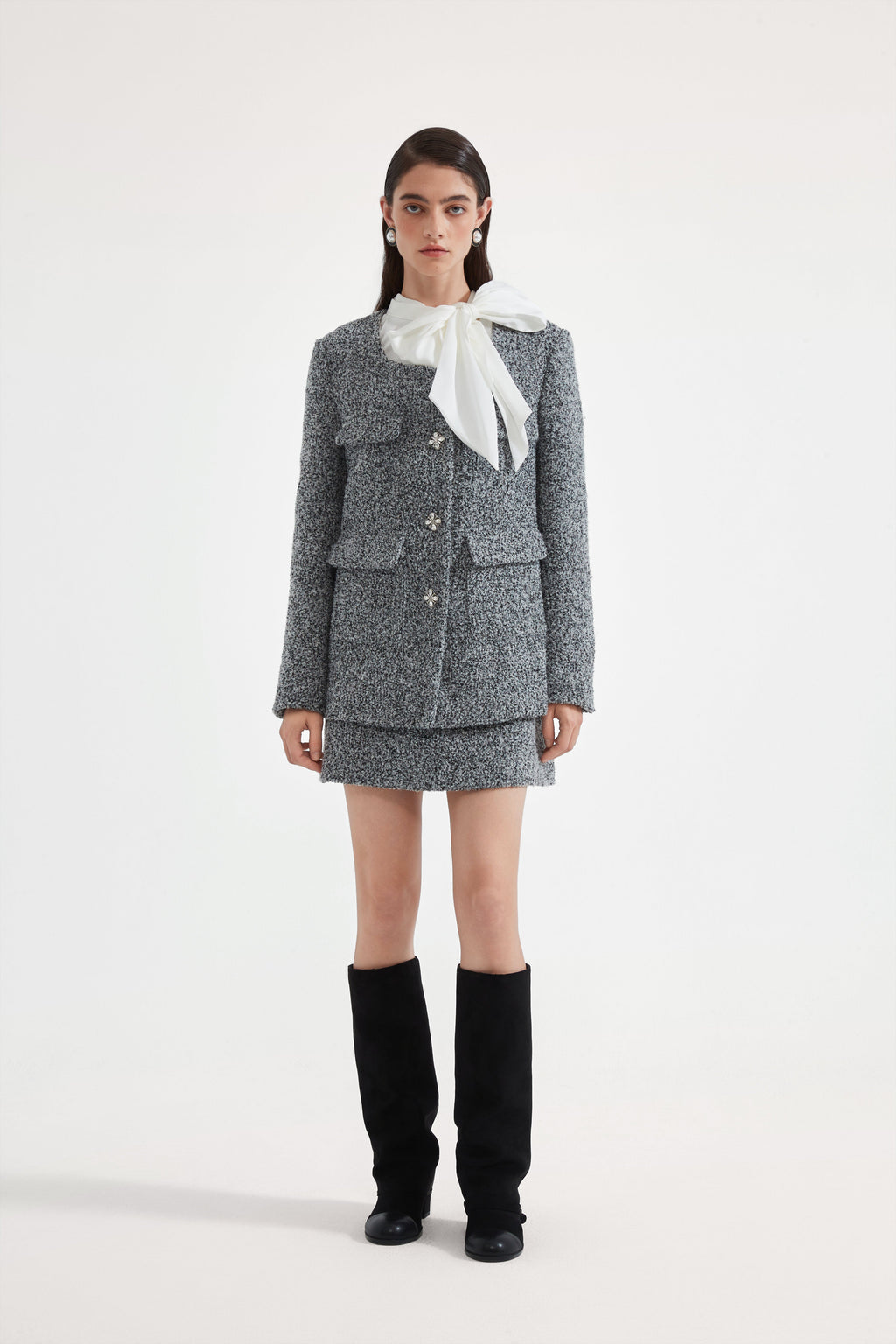 Gray Detachable Square-Necked Tweed Coat