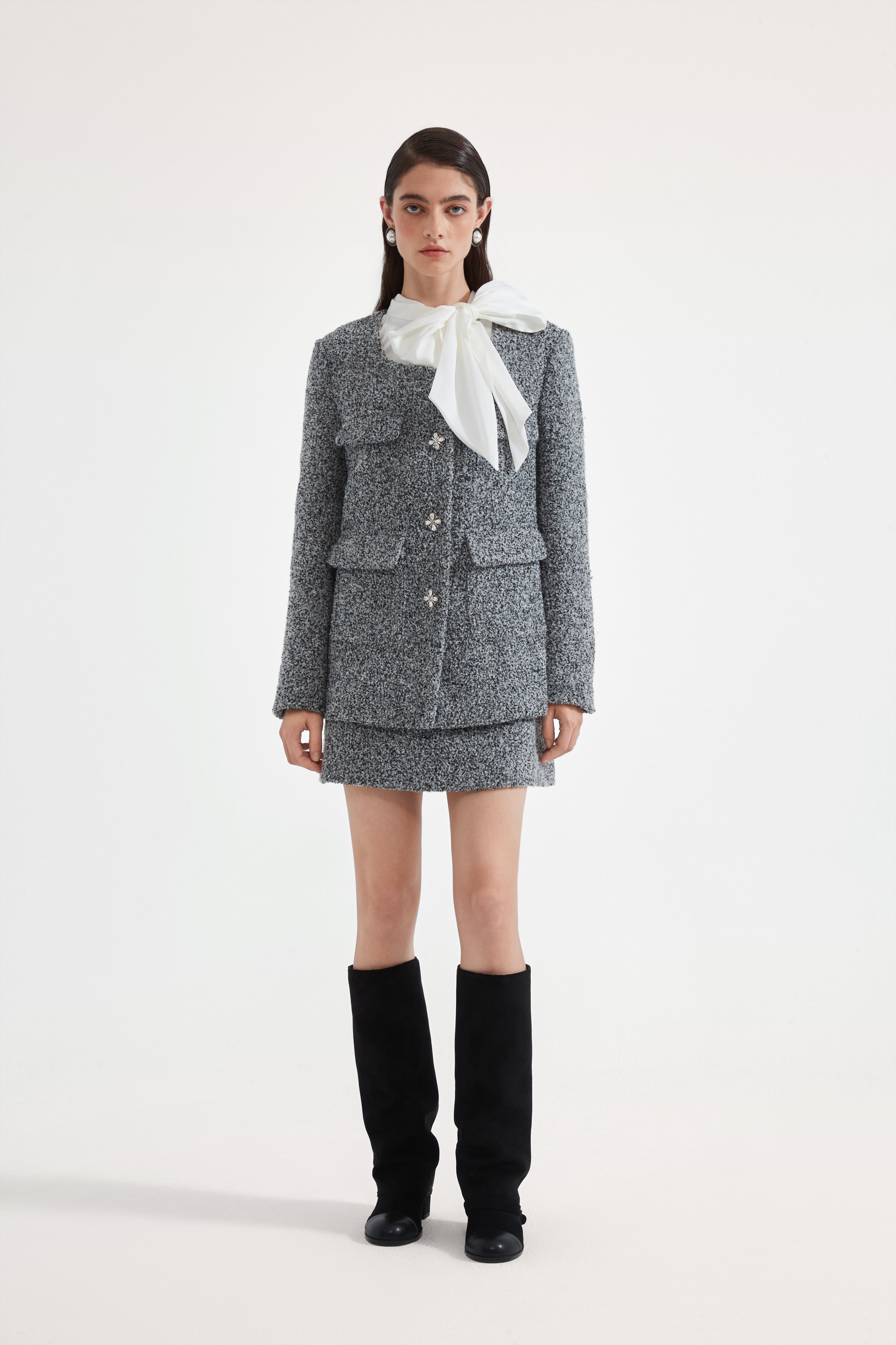Gray Detachable Square-Necked Tweed Coat