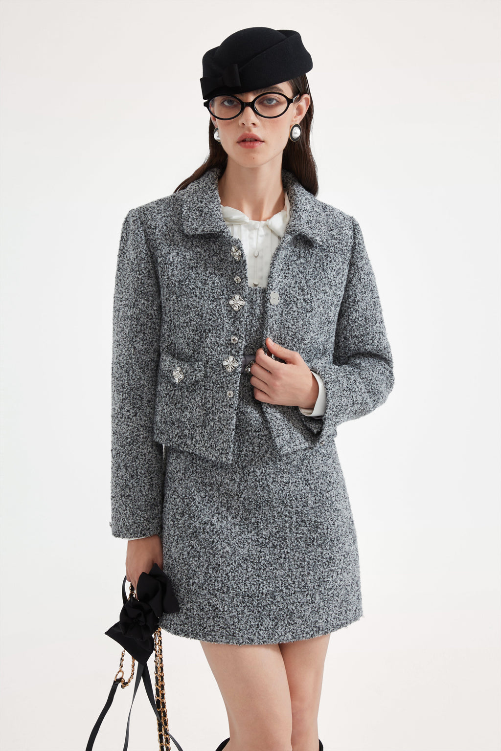 Gray Collar Looped Woolen Coat