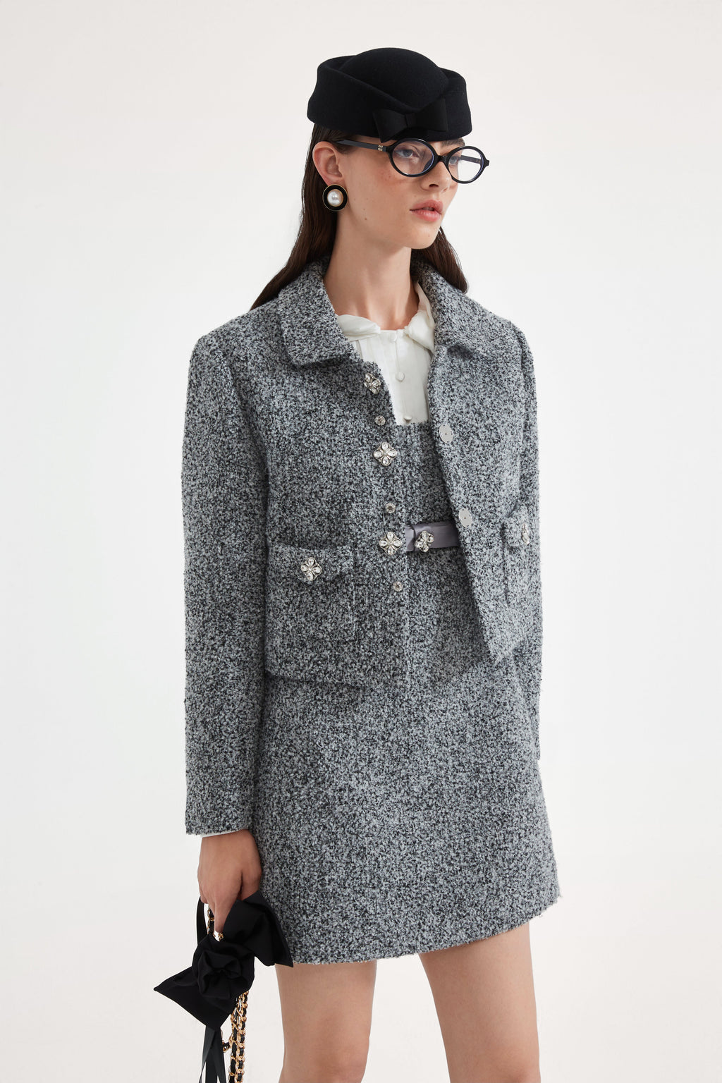 Gray Collar Looped Woolen Coat