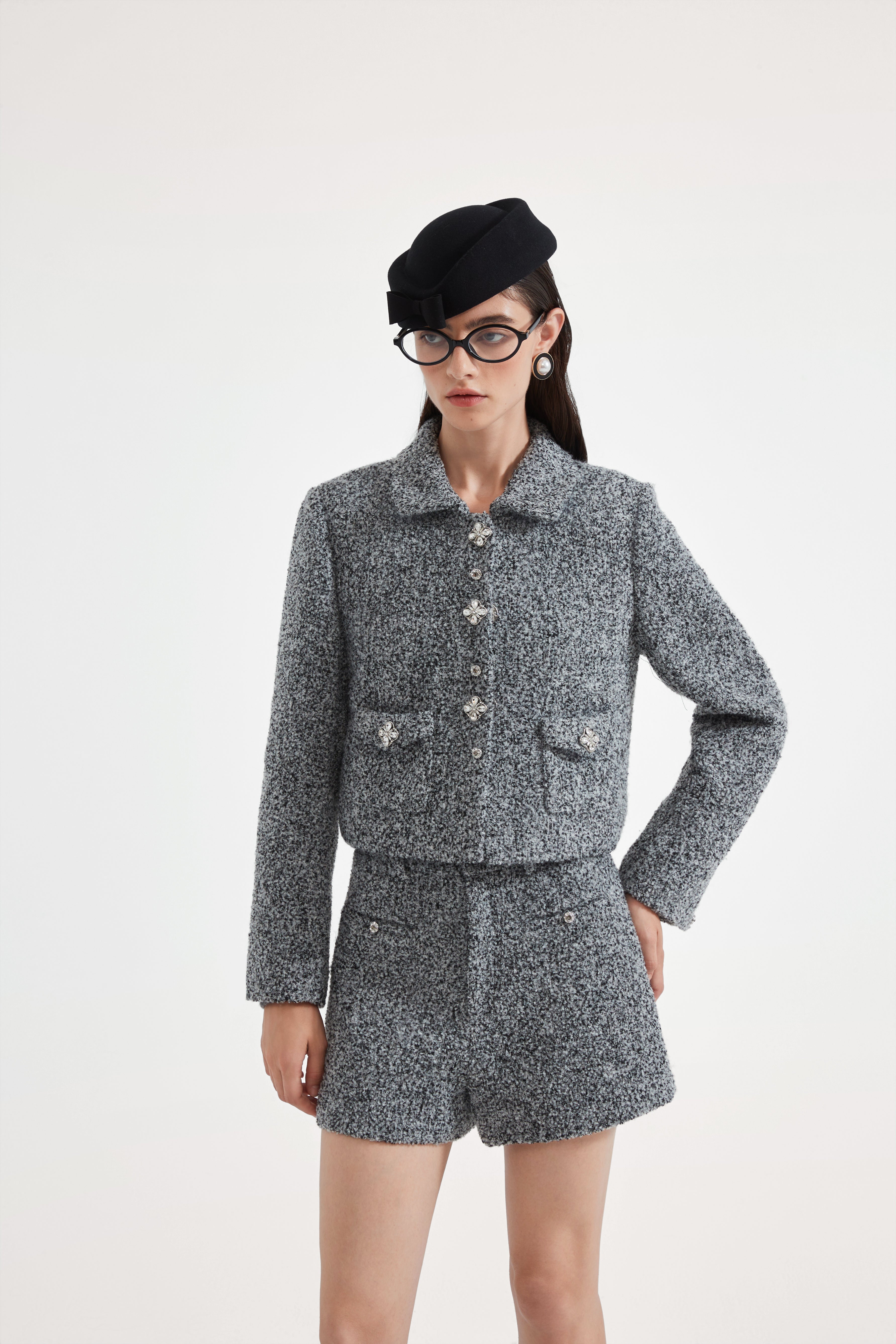 Gray Collar Looped Woolen Coat