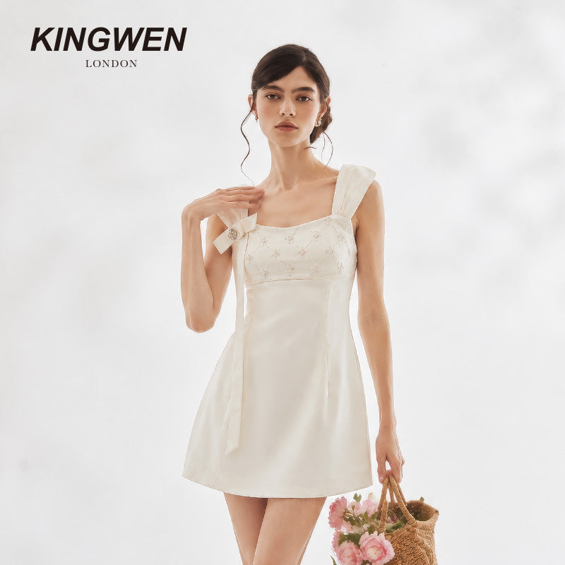 Pearlescent White Wide Strap Sequin Bow Dress