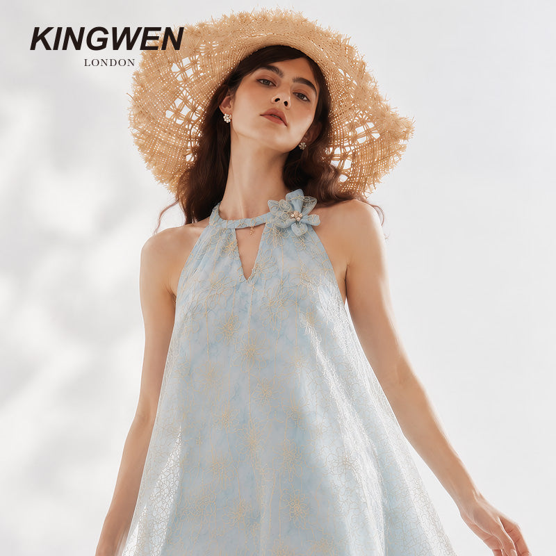 Blue Rattan Texture Halter Pearl Backless Dress