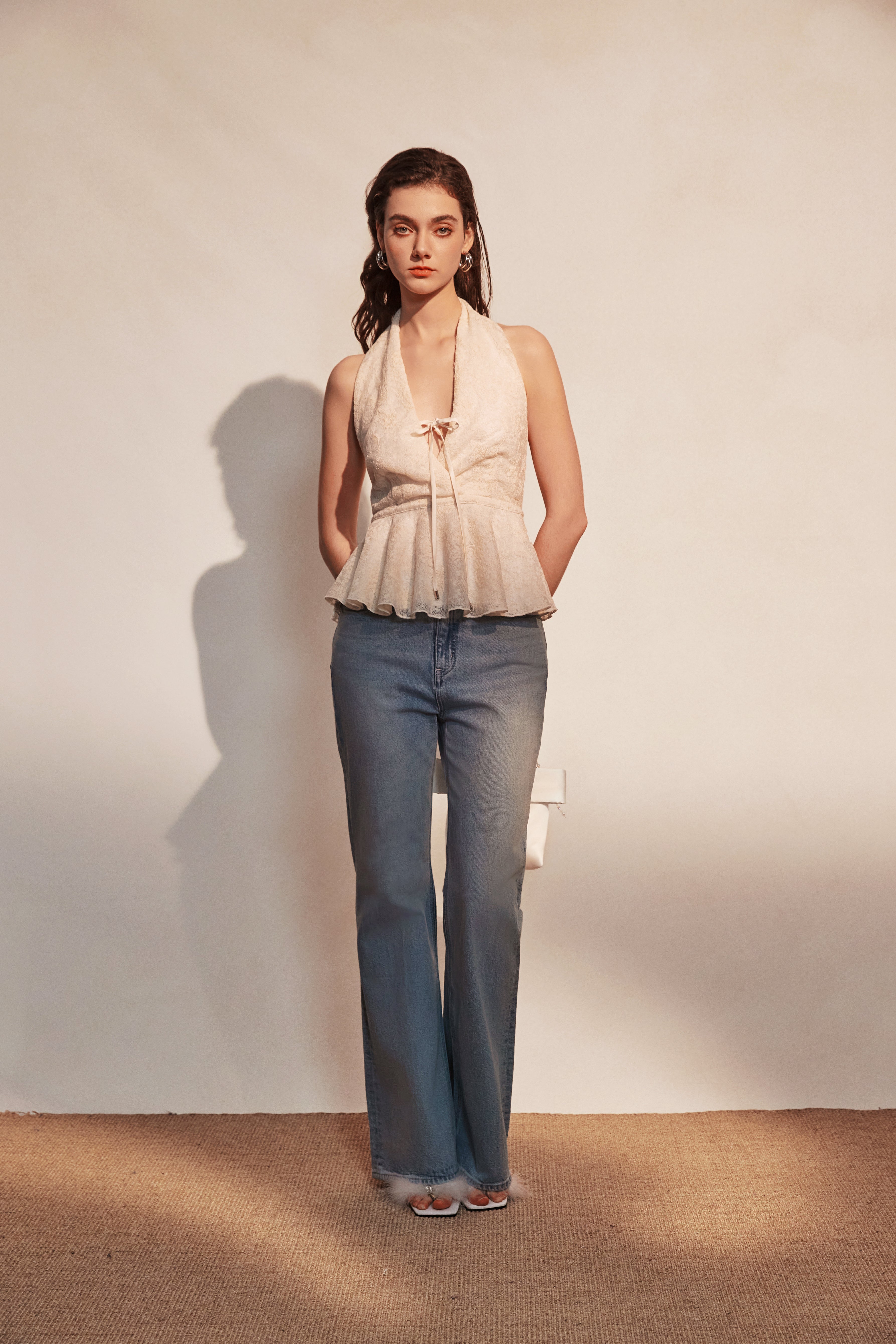 Beige Jacquard Halter Top