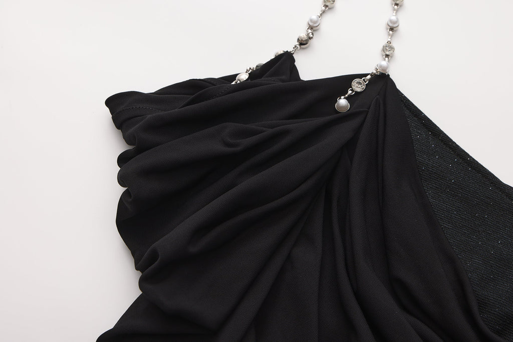 Black Metal-Strapped Ruched Fitted Dress
