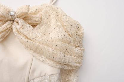 Beige Lace Fitted Waist Dress