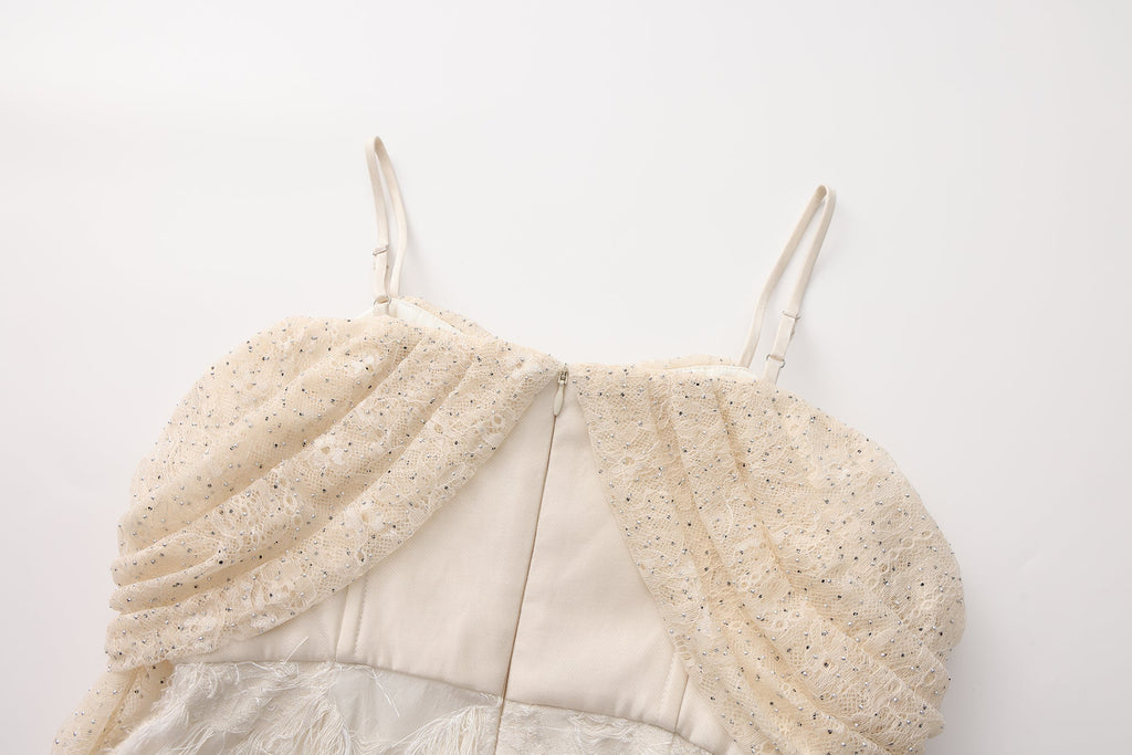 Beige Lace Fitted Waist Dress