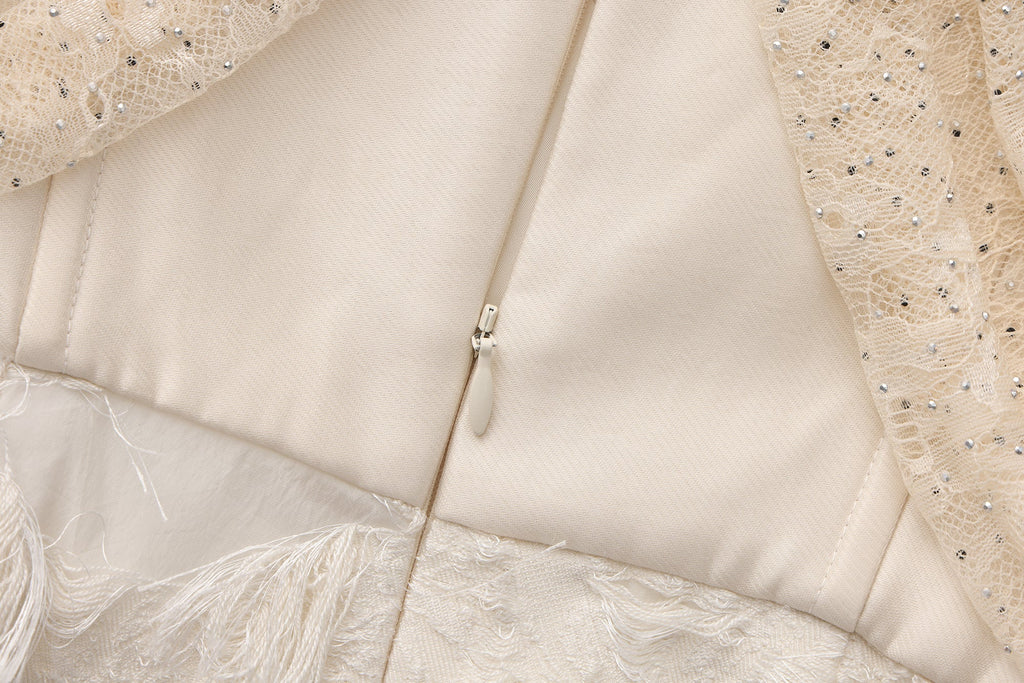 Beige Lace Fitted Waist Dress