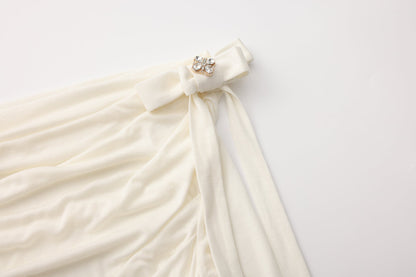 White Off-The-Shoulder Pleated Bow Ribbon Blouse