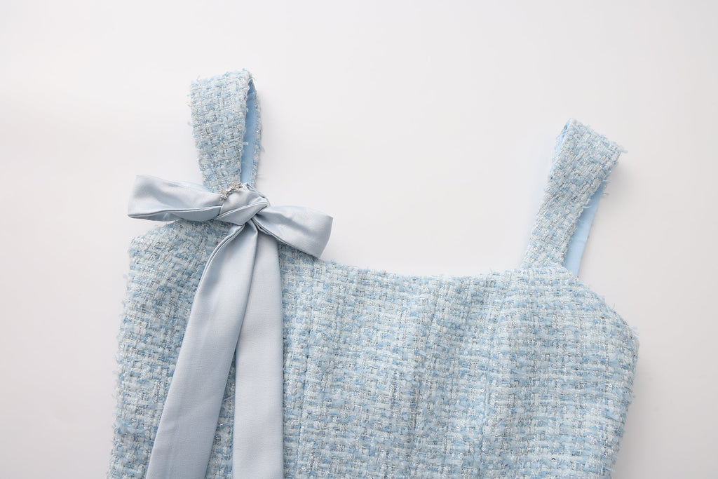 Blue Bow-Detailed Sleeveless Fitted Top