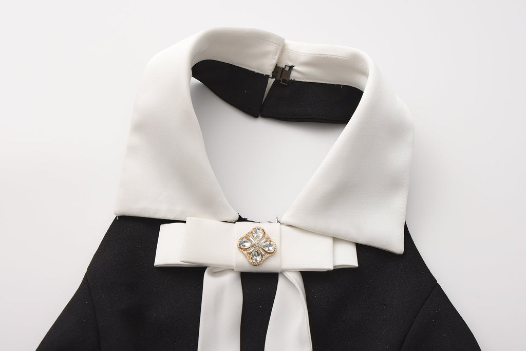 Black Bow Collared Waist-Cinching Dress