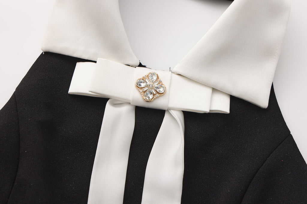 Black Bow Collared Waist-Cinching Dress