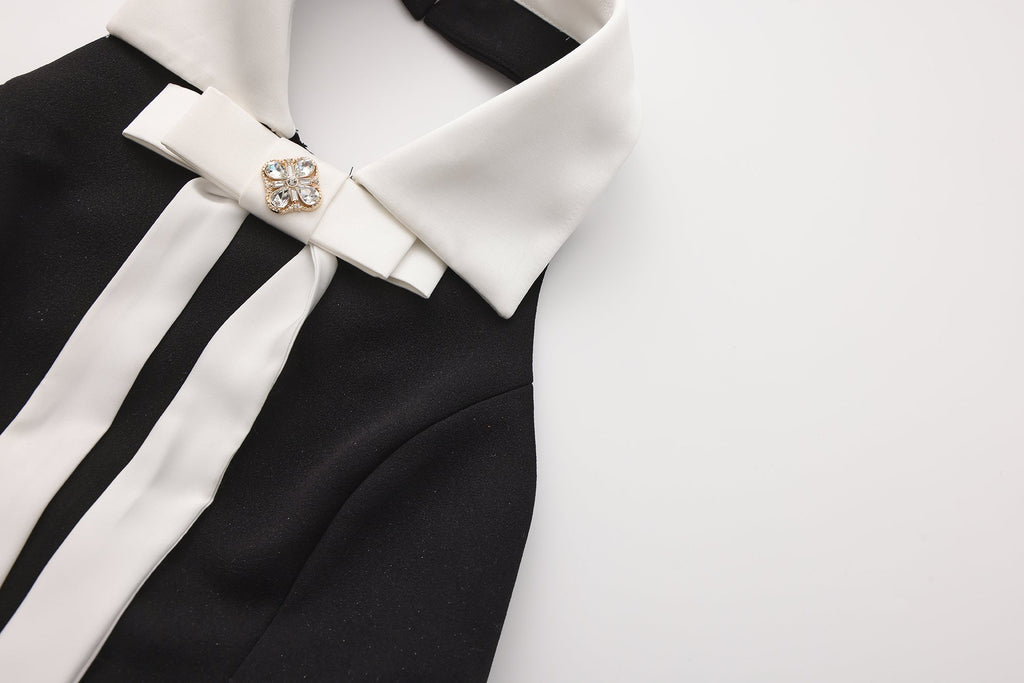 Black Bow Collared Waist-Cinching Dress