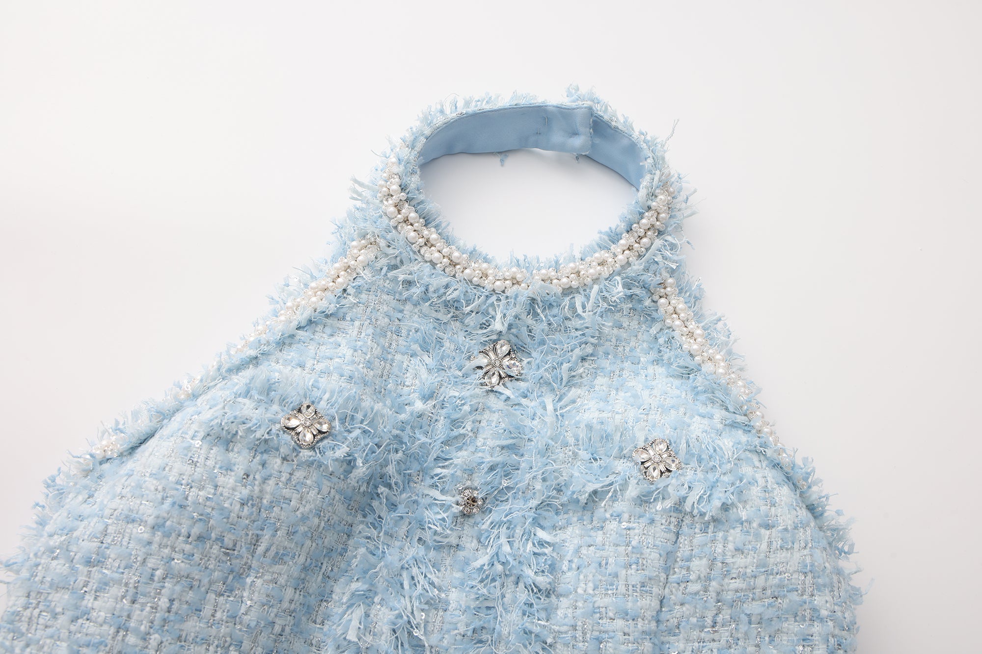 Blue Halter Beaded Tweed Dress