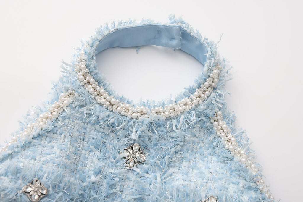 Blue Halter Beaded Tweed Dress