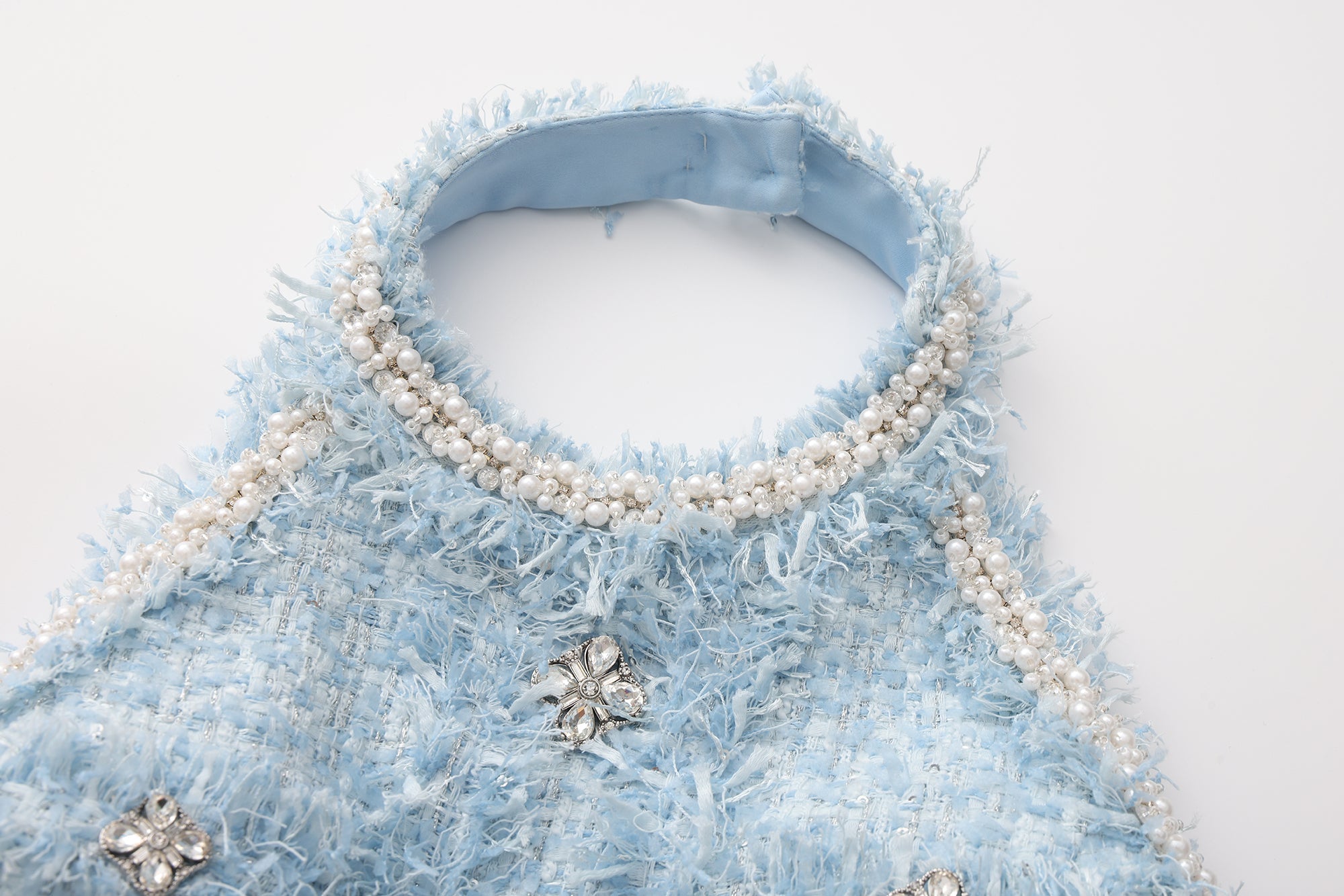 Blue Halter Beaded Tweed Dress