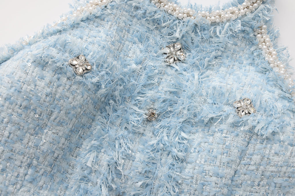 Blue Halter Beaded Tweed Dress