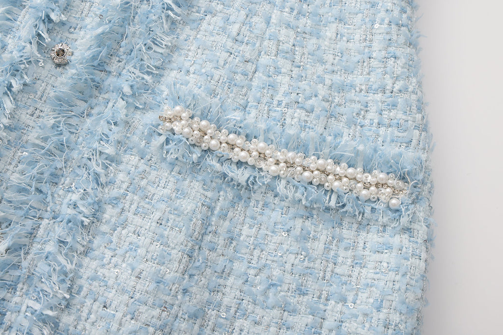 Blue Halter Beaded Tweed Dress