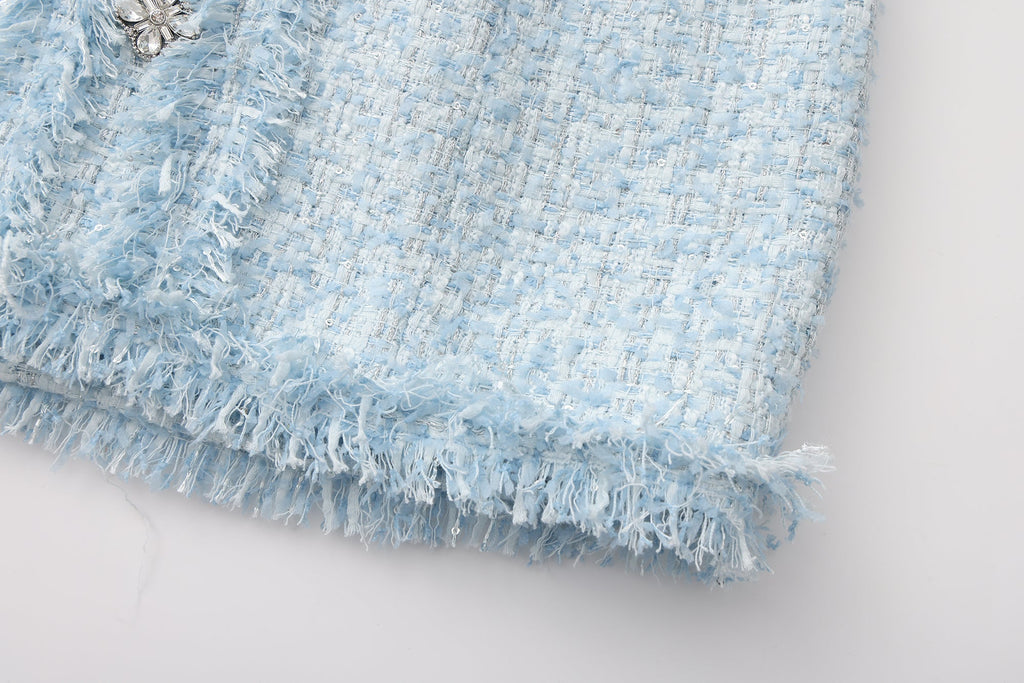 Blue Halter Beaded Tweed Dress