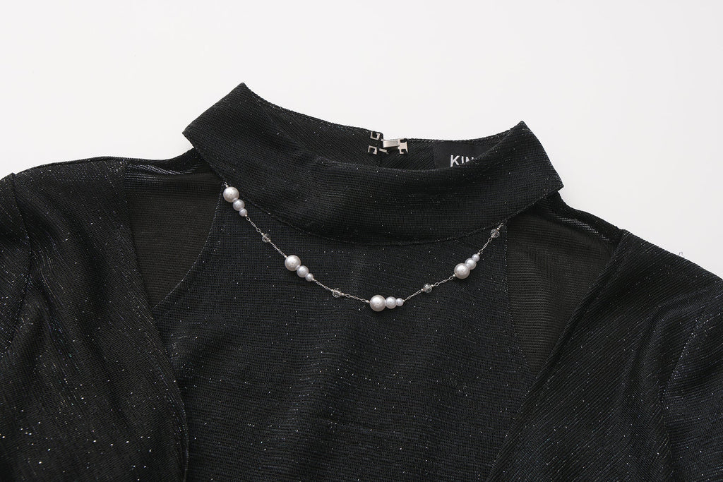 Black Bbeaded Mock-Neck False Two-Piece Top