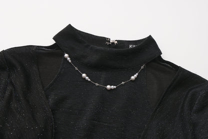 Black Bbeaded Mock-Neck False Two-Piece Top