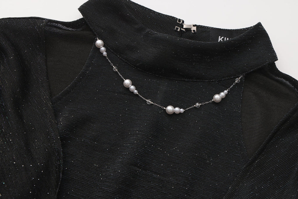 Black Bbeaded Mock-Neck False Two-Piece Top