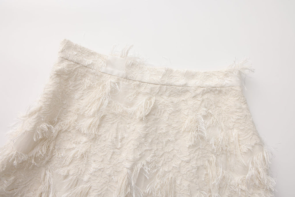 White Textured Fringe Skirt