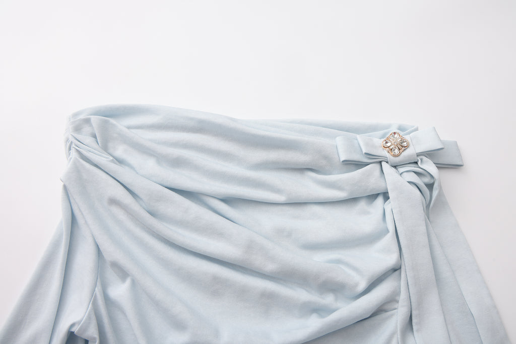Blue Sloping Shoulder Pleated Bow Tie Ribbon Top