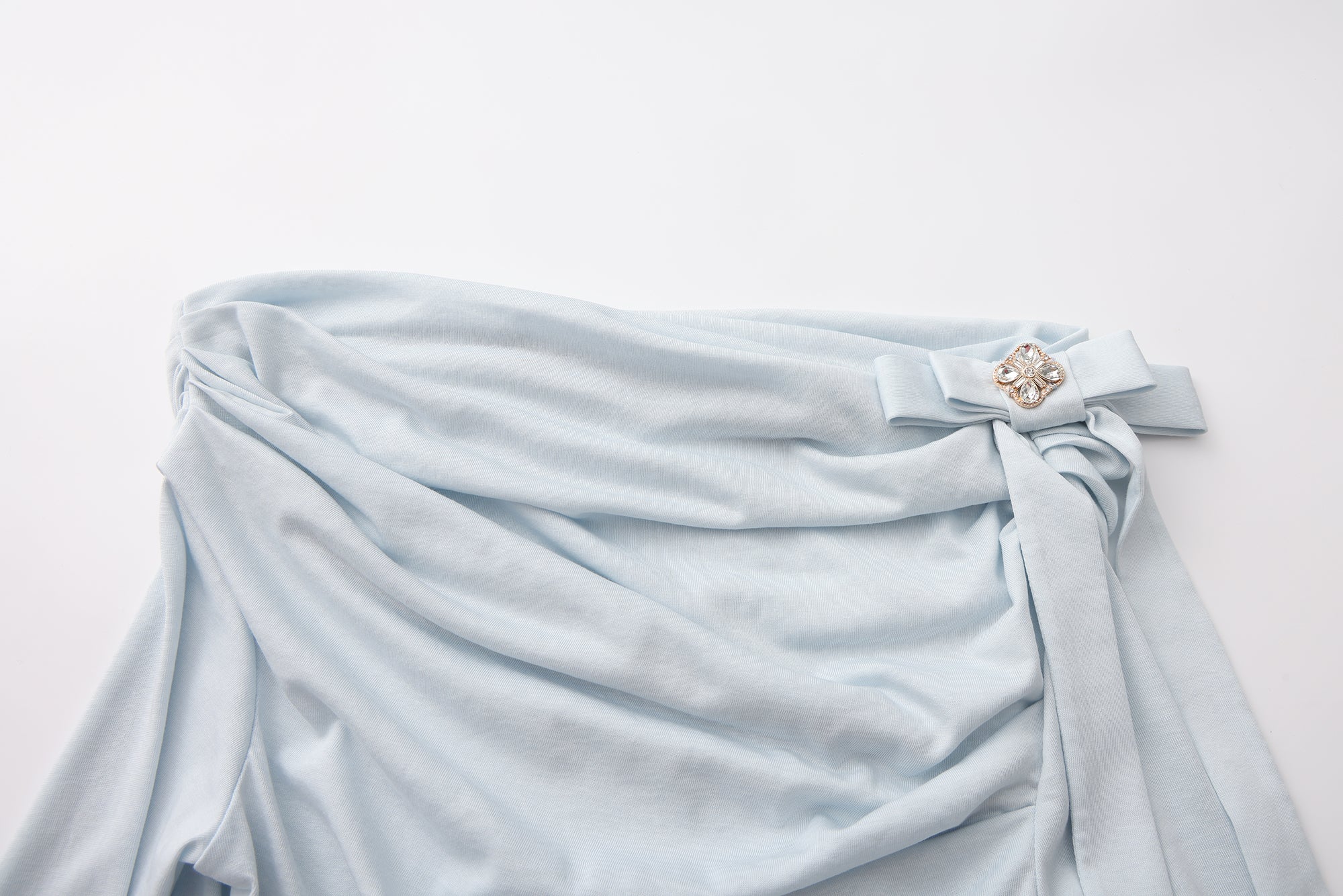 Blue Sloping Shoulder Pleated Bow Tie Ribbon Top