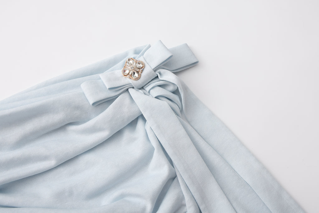 Blue Sloping Shoulder Pleated Bow Tie Ribbon Top