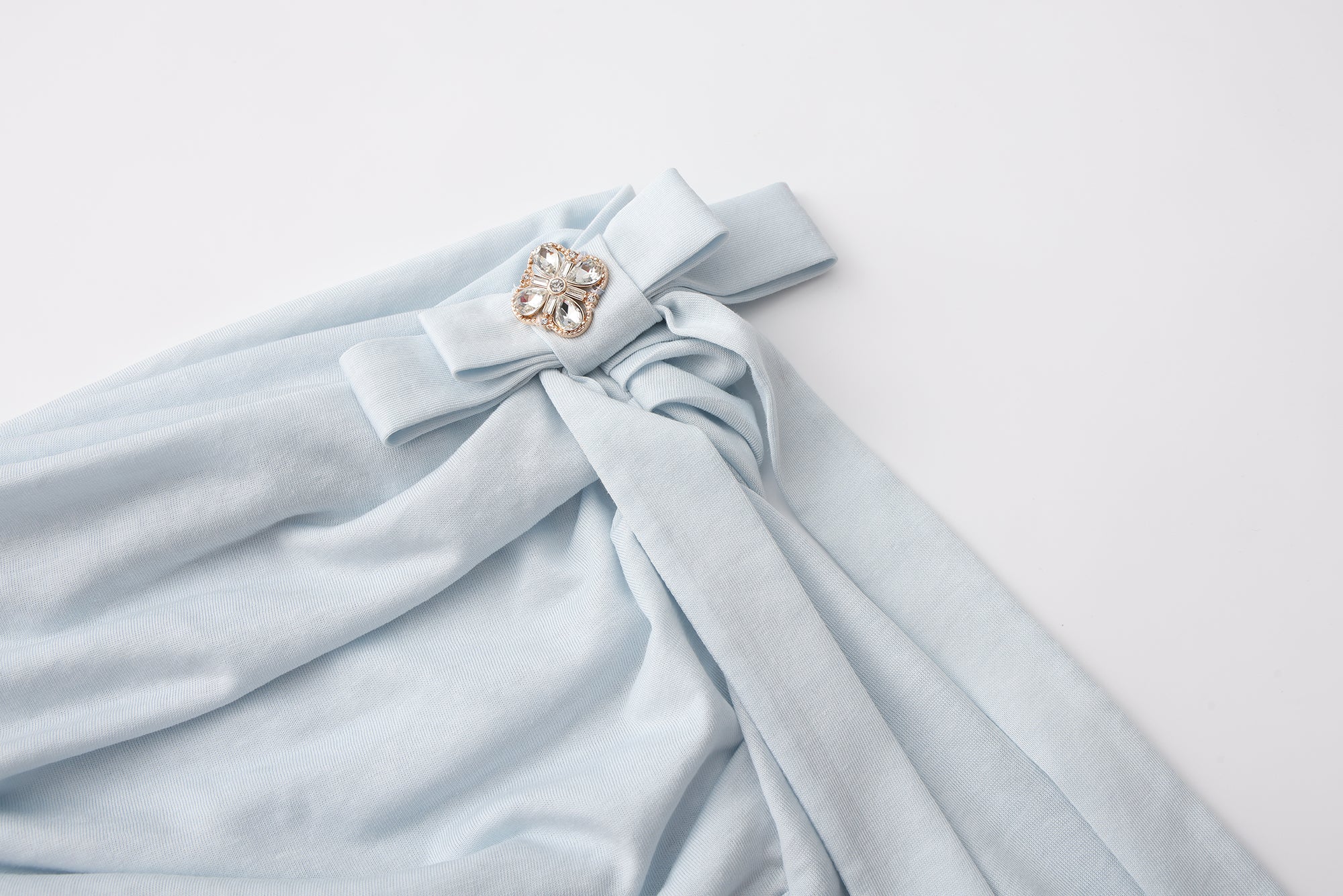 Blue Sloping Shoulder Pleated Bow Tie Ribbon Top